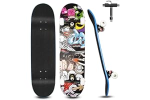 Cutemelo Skateboard pour Débutants, 80x20cm Skateboard Complet en Bois pour Enfants, Adolescents Adultes, 7 Couches de Bois D'érable Double Pont, Kick Cruiser Concave Trick Skateboard avec Outil en T