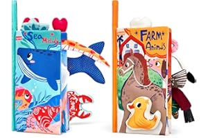 JoyCat Baby Toys Baby Books 0-6 Months, 2 Pcs Sensory Toy for Babies Touch and Feel Tummy Time Crinkle Cloth Book, Infant Toy Baby Shower Newborn Gifts for Boys Girls Stocking Stuffers
