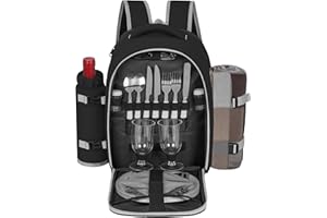 FREEAMG Sac à Dos de Pique-Nique pour 2 Personnes avec Compartiment Réfrigérants Isolés et Étanches,18 Pièces Sac de Pique-Nique avec Ensemble et Couverture, pour Plage, Camping, Randonnée (Noir)