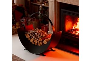 Kingson Cesta de leña para chimenea interior, soporte de troncos de acero arqueado con mango de hierro plano, almacenamiento de leña negro, soporte decorativo para leña, 35 x 28 x 36 cm