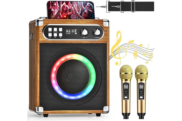 Trsaow Machine de karaoké Portable, karaoké Professionnel avec 2 Microphones sans Fil UHF, système PA avec Lampe DJ, idéal pour karaoké Familial, fêtes de Chant, fêtes, Mariages (Bois)