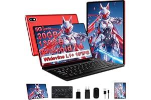 UJJ Tablet 10 Pollici Android 14 con 20GB RAM + 128GB ROM (TF/1TB), 5G WiFi 6, Octa-Core, GMS, Bluetooth 5.0, 5MP + 8MP, 1280 * 800 FHD, Widevine L1, 2025 Newest Tablet 2 in 1 con Tastiera e Mouse - Red
