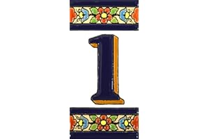 ART ESCUDELLERS Numéro maison. Écriteaux avec numéros et lettres. Carreaux de céramique polychromée, peints à la main dans technique corde sèche (cuerda seca) pour plaques avec numéros, noms, directions et signalisation. Texte personnalisable. Dessin FLORES MEDIANO 10,9 cm x 5,4 cm. (NUMÉRO UN "1")