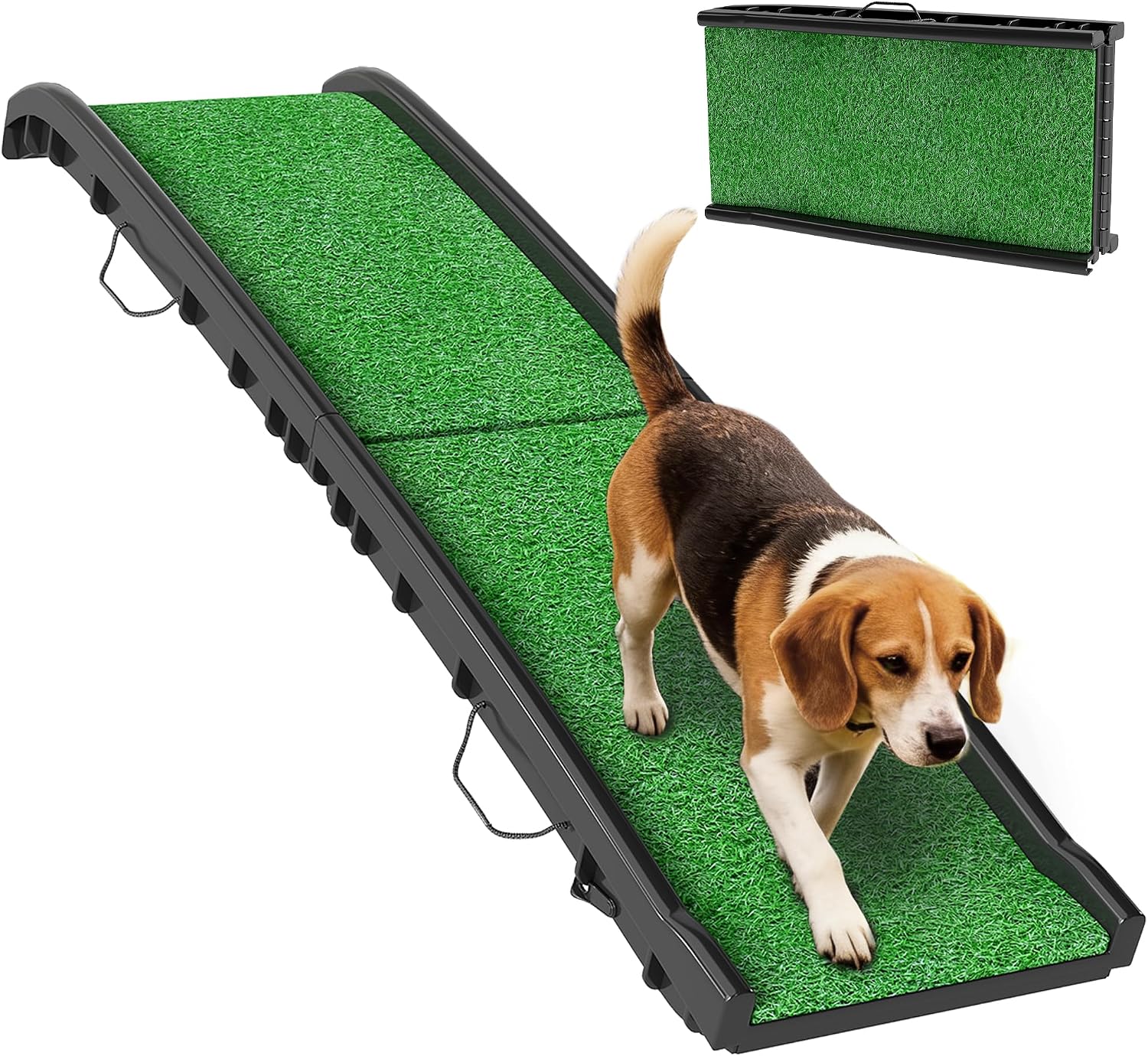 PawHut Rampa para Perros con Césped Artificial, 155 cm, Rampa para Perros para Coche Plegable con Asa, Ángulo Ajustable, Antideslizante, para Todas Las Razas, para Cama, Sofá, Verde