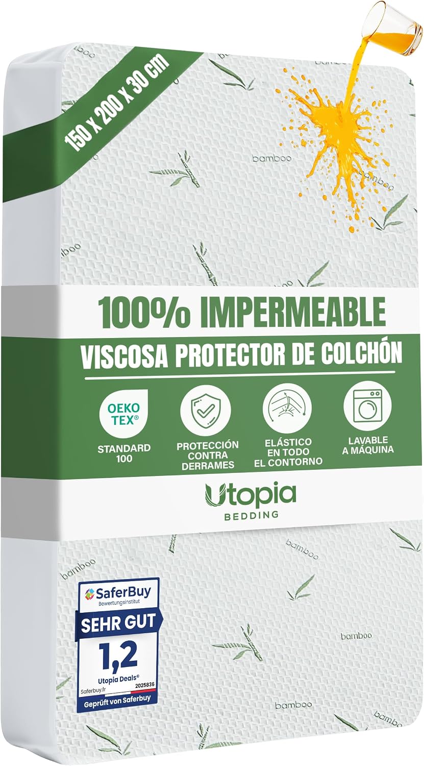 Utopia Bedding Protector de Colchón 150 x 200 x 30 cm Impermeable, Viscosa Premium, Certificación Oeko-Tex, Cubre Colchón Transpirable, Elástico En Todo