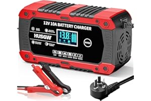 HUSGW 10Amp Car Battery Charger, 12V Automatic Smart Battery Charger/Maintainer with Temperature Compensation, Car Battery Repair and Desulfator for Car, Motorcycle, SUV, Lithium Batteries & AGM (red-1)