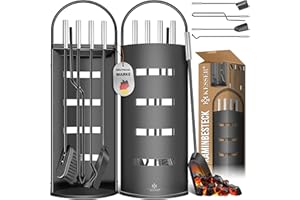 KESSER® Kaminzubehör 5-teiliges Kaminbesteck Set | Modern Design, beschichtet, Hochwertige Kamingarnitur aus 5 Teilen: Besen, Schaufel, Schürhaken, Zange, Ständer mit Sichtschutz Edelstahl Schwarz