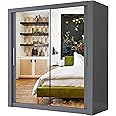 A.C. Milan Modern Double Mirror sliding door wardrobe with LED Light Width 100cm/120cm/150cm/180cm/203cm/250cm (180, Grey)
