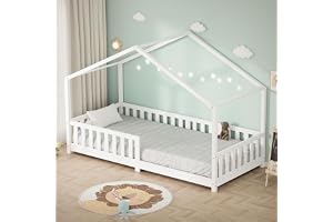 ML-Design barnsäng hussäng 90x200 cm Vitfärgad Montessori golvsäng i massiv furu med tak ribbotten och fallskydd juniorsäng s