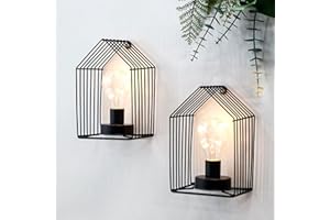JHY DESIGN Set of 2 Battery Operated Table Lamp 18cm H Vintage Wall Sconce Metal Cage Hanging Cordless Wall Mount Lamp with 6-Hours Timer for Home Room Wall Wedding Indoor Outdoor (Black Spire)