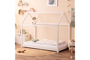 Alcube Hausbett HOLMI, süsses Bodenbett 80x160 im Montessori Stil und Hausbett Look, mit Lattenrost, Kinderbett zum träumen, aus FSC Kiefernholz, Kinderbett 80x160 Weiß Hausbett für Mädchen & Jungen