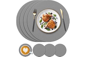 KERYCHIN Round Silicone Place Mats (34cm) and Coasters (10cm) Set of 4, Heat-Resistant 450 °F, Non Slip Washable Placemats for Home, Hotel, Kitchen, Indoor, Outdoor Glass Dining Table, Dark Grey
