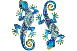 HONGLAND Metal Gecko Wall Art 2Pcs Outdoor Wall Decor Lizard Metal Hanging Wall Decoration Glass Sculpture for Garden Yard Patio Fence Home (Blue)