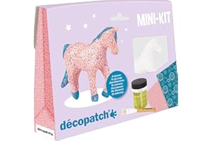 Décopatch KIT010O - Un mini-kit comprenant un animal en papier pulpé blanc, 2 feuilles Décopatch, un pinceau et un pot de vernis colle, CHEVAL