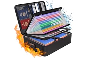 Tamfile 5200℉ Fireproof Document Box, 15''×11.2''×4.3'' Waterproof Document Bag with 13 Pockets Accordion Folder Document Organiser and Labels, Portable File Storage Box with Lock, Black