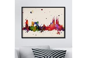 Nacnic Lámina Ciudad de Barcelona. Skyline Estilo Acuarela y explosión de Color. Poster tamaño A3 Impreso en Papel 250 Gramos. Decoración del hogar.