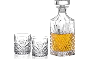 Amisglass Bottiglie e Bicchieri Whisky Set, Decanter da Whiskey e Bicchieri da Whisky in Vetro Cristallo Premium, 100% Senza Piombo, Set 3 Pezzi - 1 Bottiglia (900 ml) e 2 Bicchieri (300 ml) (T4)