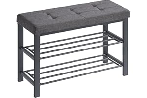 SONGMICS Shoe Bench, 3-Tier Shoe Rack for Entryway, Storage Organiser with Foam Padded Seat, Linen, Metal Frame, for Living Room, Hallway, 31 x 81 x 49 cm, Dark Grey and Black LBS057B01