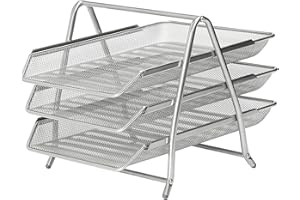 KAV –Corbeille à Courrier 3 Etage Paniers, Organiseur de Bureau 3 Etages en maille Métallique pour Le Bureau ou La maison, couleur Argent