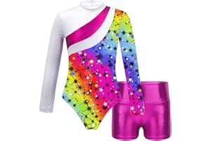 Nyeemya Gymnastics Leotard for Girl，Shiny Metallic One Piece Bodysuit with Booty Shorts Kids Sequin Dance Wear