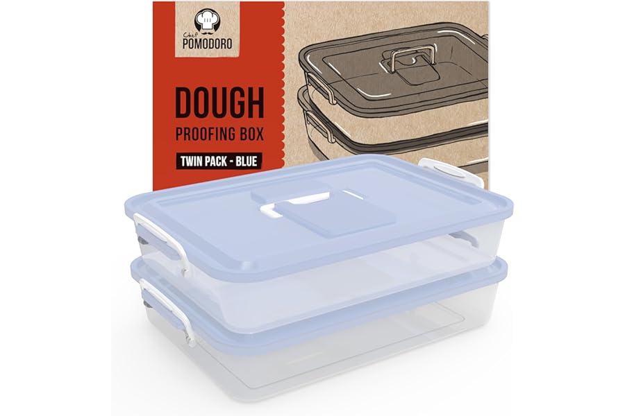 Chef Pomodoro Pizza Dough Proofing Box, 35.6 x 27.9 cm, Preparation Container with Lid, Fits 4-6 Proofing Balls, Household Pizza and Bread Dough Tray With Convenient Carry Handle (Blue, 2-Pack)