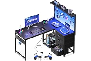 Coleshome L Shaped Gaming Desk with Drawers & Shelf, 110 × 80 cm Reversible Corner Computer Desk with LED Lights & Power Outlets, Gaming Table with Hook, Carbon Fiber Black