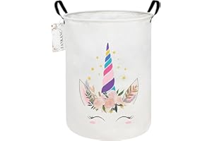 FANKANG Panier à linge pliable en toile avec revêtement en polyéthylène imperméable pour chambre d'enfant, crèche, maison, panier cadeau (licorne rose ronde)