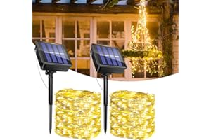 CALDARAX 2 sztuki zewnętrznych świateł słonecznych, 12 m + 2 m 120 diod LED, zewnętrzny solarny łańcuch świetlny, 8 trybów, wodoodporny drut miedziany IP65, dekoracja do ogrodu, podwórka, patio, drzewa, Bożego