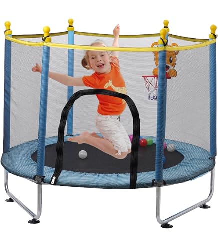 GYMAX Trampolino Elastico per Bambini, Certificazione GS, Tappeto Elastico da Esterno con Rete, Anello da Basket, Palla (S