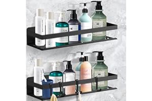 NIKYJM 2 Pièces Étagere Douche Sans Percage, Etagere Salle de Bain Noir avec 4 Crochets, Etagere Rangement Salle de Bain en Acier inoxydable Capacité de Charge 15KG