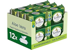 Scottex Papel Higiénico Húmedo con Aloe Vera y Prebióticos, Biodegradable y Sin Plástico, Caja 12 Packs de 66 Servicios, Total 792 Toallitas Húmedas Desechables por WC