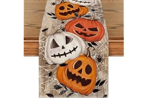 Artoid Mode Brun Lanterne Toile d'Araignée Citrouilles Chemin de Table Halloween, Cuisine Table Décoration Intérieur Vacances Fête Décor 40x240 cm