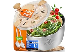 KüchenKult Edelstahl Salatschleuder Salatschüssel Frischhaltedeckel - Premium Küchenhelfer - Salad Spinner, Rutschfester Boden, Küchensieb, Rührschüssel BPA - Frei