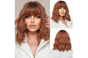 OUFEI Perruques courtes ondulées Auburn Bob avec frange Longueur épaule Perruque synthétique bouclée ondulée Cosplay Perruques pour femme - 35,6 cm