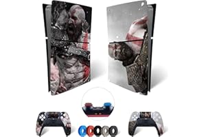 MaD Vision® Set de Skin Extra-Duraderas en Vinilo para PS5 Digital Slim + 5 Pares de Aiming Rings|Kit Adhesivo y Resistente a los Arañazos para PlayStation 5 + 2 Controllers–para God of War|GOW Diseño