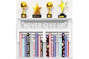Never Give Up Medal Hanger Display with Trophy Shelf - Easy Install White Medal Awards Display for Walls Holds 64+ Sports Medals - Our Medal Holder Rack Includes 10 Inspirational Stickers