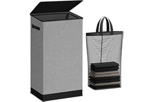 SOLEDI 100L Wäschekorb mit Deckel Grau und Wäschesack - Wäschesammler schmal Für Badezimmer, Schlafzimmer, Wäschekammer, Kinderzimmer, Eigentumswohnungen, laundry baskets, Faltbar Wäschebox