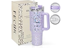 FECBK 1,2L Kaffeebecher to Go Thermobecher Doppelwandig Edelstahl Vakuumisoliert Auslaufsicher Trinkbecher mit Deckel und Strohhalm 40 oz Tumbler Cup, Spülmaschinenfest, Lavendel-Leopard
