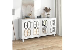 Becag Sideboard Weiß, Anrichte Küchenschrank mit 4 Spiegeltüren, Buffetschrank Cabinet Sideboard mit Arbeitsplatte Wohnzimmer Küche, mit beweglichem Laminat, Kristallgriffen, 160x40x84 cm, Weiß