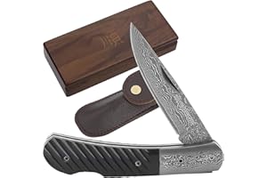 YOUSUNLONG Coltello Tascabile 175 mm - Lama in Acciaio Giapponese Damasco - Coltello Pieghevole Adatto al Campeggio e alla Caccia - Manico in Corno di Bufalo Naturale con Fodero in Pelle