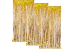 Fajoeda 3 Stück Lametta Vorhänge Gold,1 x 2M Metallische Folie Fransen Vorhange für Verlobung Hochzeit Geburtstag Partydekor and Weihnachten Neujahr Dekoration(Gold)