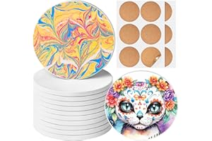Ceramic Tile for Crafts Coasters, GOH DODD 12 Pack 4 Inch Blank Coasters Unglazed Ceramic White Tiles with 12 Pack Cork Backing Pads for Painting, Alcohol Ink, Acrylic Pouring, DIY, Mosaics, Round