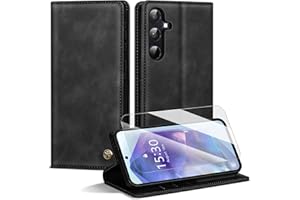 KIRNNTCA Handyhülle für Samsung Galaxy A55 5G Hülle,Premium Lederhülle für Samsung A55 5G [Mit 1 Stück Panzer Schutz Glas] Magnet Kartenfach Klapphülle Schutzhülle für Galaxy A55,Schwarz