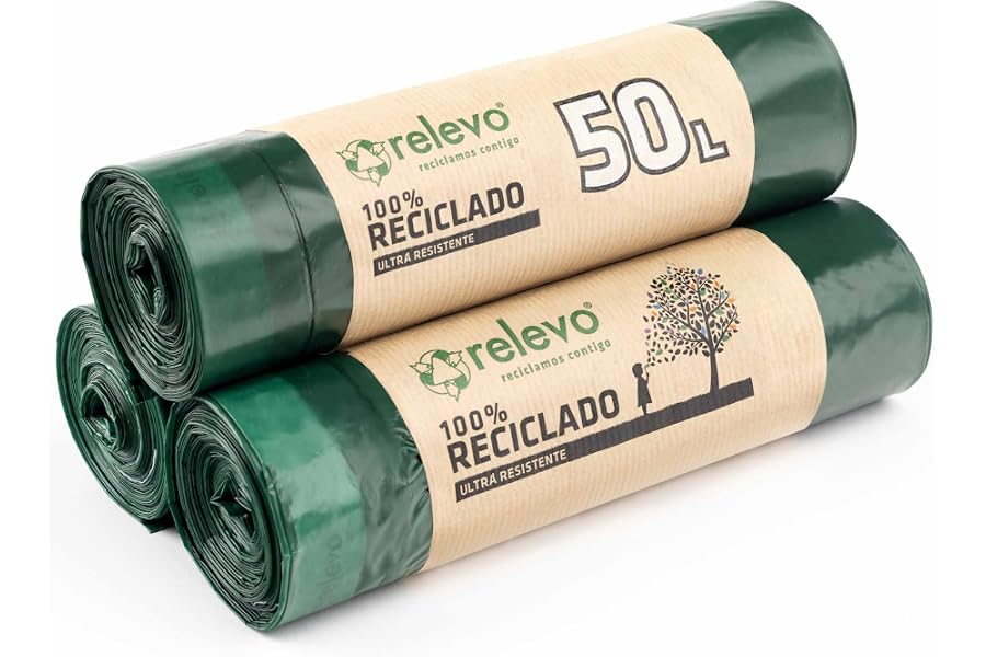 Relevo Bolsas de Basura Verdes con Autocierre – 50L (Ancho 70 cm x Alto 75 cm), 30 Bolsas (3 Rollos × 10 Bolsas) | Bolsas de 