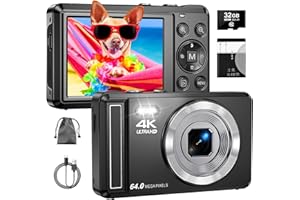 ZMOQNG 4K 64MP Digitalkamera mit 32 GB TF-Karte, Autofokus Fotoapparat mit 16X Digitalzoom Tragbar Kompaktkamera mit 1200mAh Batterie, USB-Kabel, für Kinder Teenager Erwachsene Anfänger