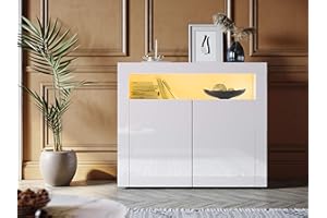 SONNI Komoda z oświetleniem LED, biała, wysoki połysk, mebel do salonu, szafka stojąca, funkcja RGB z 4 podstawowymi kolorami i 12 gradientami, szer. 108 x gł. 40 x wys. 92