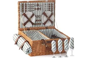 CampFeuer Panier de pique-nique pour 4 personnes avec set de vaisselle et compartiment isotherme, 29 pièces, panier de pique-nique, panier en osier avec sangle en similicuir, sac de pique-nique, kit