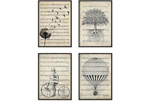 Nacnic Set 4 Posters avec partitions de Musique. Pissenlit, Arbre de Vie, Vélo, Ballon pour Murale de Style Vintage. Affiches conçues pour Votre Maison, Magasin, Bureau. A4 sans Cadre.