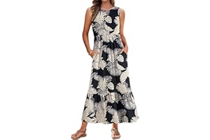 AUSELILY Sommerkleid Damen Lang Ärmelloses Maxikleid Damen Sommer Strandkleid Lange Rundhals Tank Top Kleider Leicht und Luftig mit Taschen Elastischer Taille