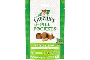 Greenies Feline Pill Pockets for Cats Natural Soft Cat Treats, Catnip Flavor, 1.6 oz. Pack (45 Treats)